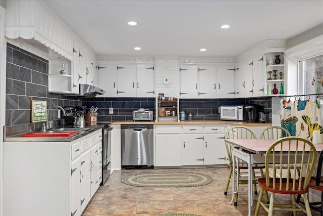 6772 S E Side Hwy, Elkton, VA 22827 - kitchen featuring stainless steel appliances, open shelves, a sink, backsplash, and recessed lighting