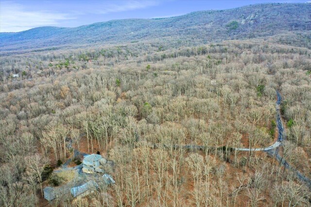 birds eye view of property featuring a mountain view and a view of trees