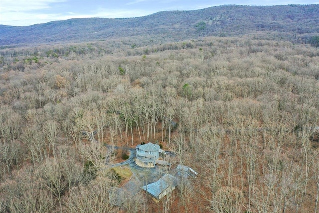 bird's eye view featuring a mountain view and a wooded view