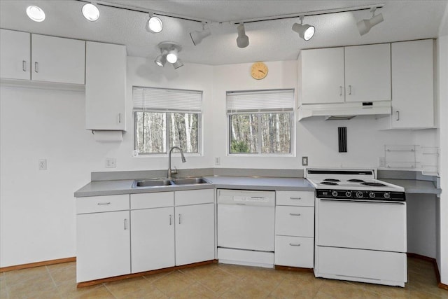 kitchen featuring a sink, white appliances, track lighting, under cabinet range hood, and white cabinets