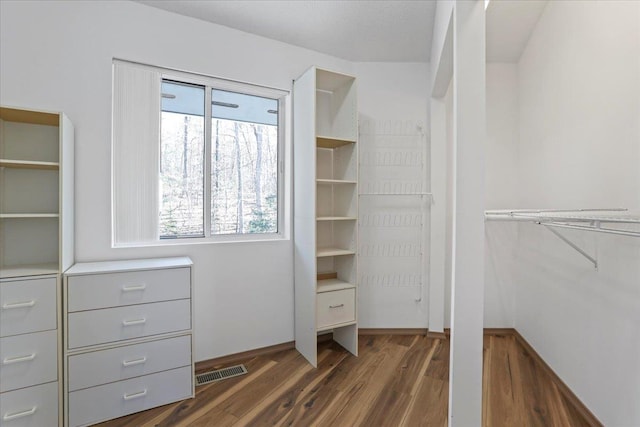 walk in closet with visible vents and dark wood-style floors