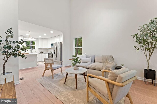 228 Poplar Dr, Louisa, VA 23093 - living room featuring light wood-style floors, a towering ceiling, recessed lighting, and baseboards