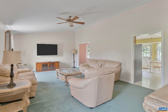 3590 Mountain Hill Rd, Palmyra, VA 22963 - carpeted living area with ceiling fan and lofted ceiling
