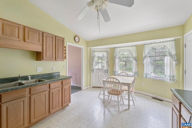 3590 Mountain Hill Rd, Palmyra, VA 22963 - kitchen featuring dark countertops, healthy amount of natural light, ceiling fan, and light flooring