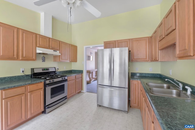 3590 Mountain Hill Rd, Palmyra, VA 22963 - kitchen with stainless steel appliances, under cabinet range hood, dark countertops, a ceiling fan, and light flooring