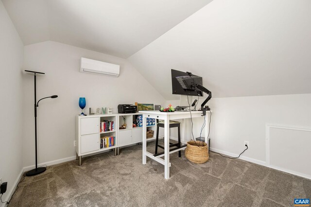 carpeted office space featuring a wall unit AC, lofted ceiling, and baseboards