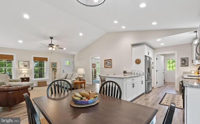 1875 Oneals Rd, Madison, VA 22727 - dining room with lofted ceiling, recessed lighting, light wood finished floors, baseboards, and ceiling fan