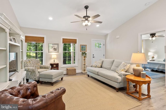 1875 Oneals Rd, Madison, VA 22727 - living area featuring ceiling fan, vaulted ceiling, wood finished floors, and recessed lighting
