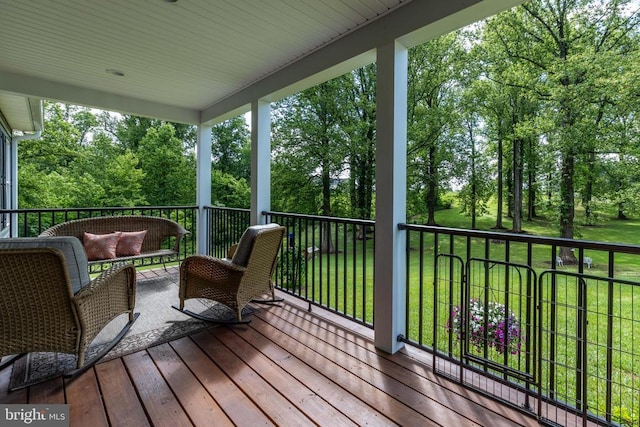 1875 Oneals Rd, Madison, VA 22727 - wooden terrace featuring outdoor lounge area, a lawn, and view of scattered trees