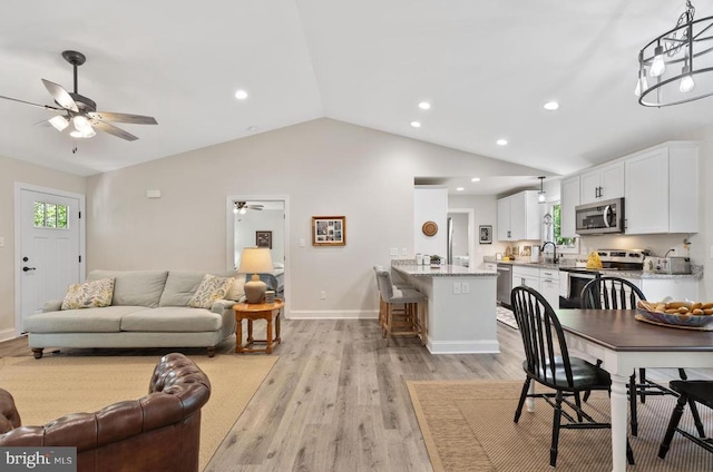 1875 Oneals Rd, Madison, VA 22727 - dining area featuring a ceiling fan, light wood-type flooring, lofted ceiling, baseboards, and recessed lighting