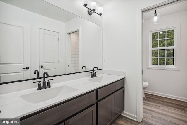 bathroom with wood finished floors, baseboards, toilet, and double vanity