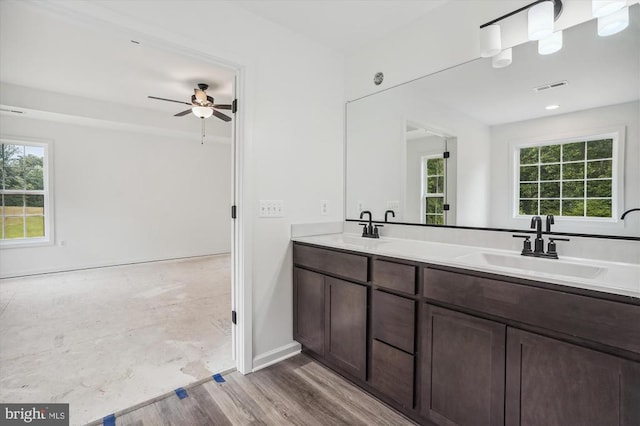 bathroom featuring plenty of natural light, double vanity, ceiling fan, and wood finished floors