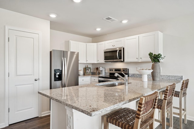228 Camden Dr, Waynesboro, VA 22980 - kitchen featuring stainless steel appliances, a peninsula, dark wood-type flooring, light stone countertops, and white cabinets