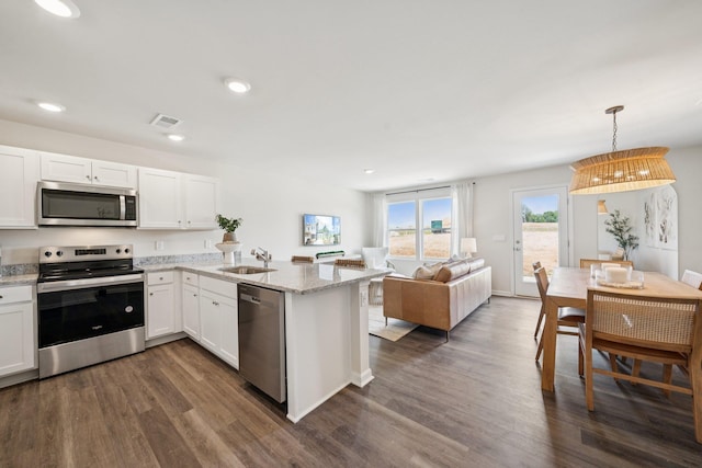 228 Camden Dr, Waynesboro, VA 22980 - kitchen featuring appliances with stainless steel finishes, dark wood finished floors, white cabinetry, a peninsula, and recessed lighting