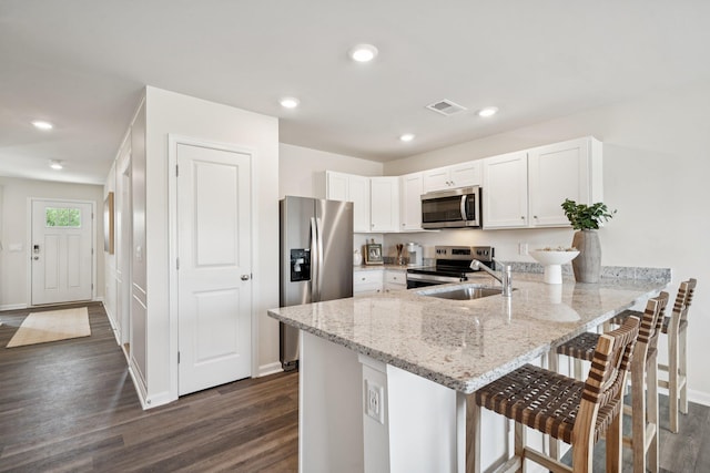 228 Camden Dr, Waynesboro, VA 22980 - kitchen featuring stainless steel appliances, dark wood finished floors, a peninsula, light stone countertops, and white cabinetry