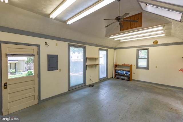 411 Laurel Ave, Fredericksburg, VA 22408 - empty room featuring lofted ceiling, electric panel, ceiling fan, and concrete floors