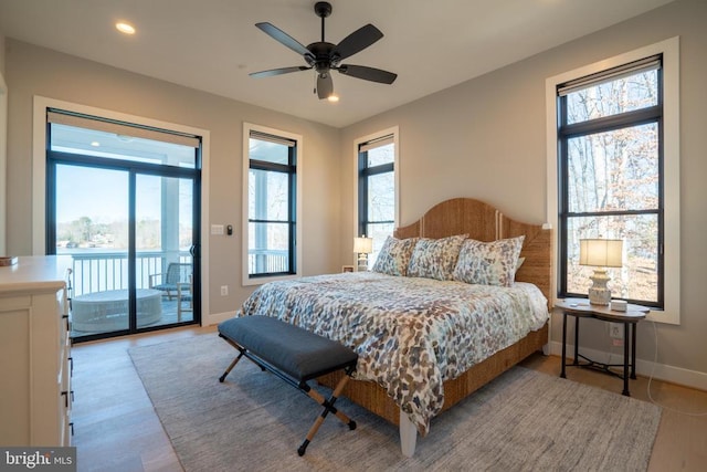 3 Carrs Bridge Rd, Lake Anna, Bumpass, VA 23024 - bedroom with access to outside, baseboards, light wood-style flooring, recessed lighting, and ceiling fan