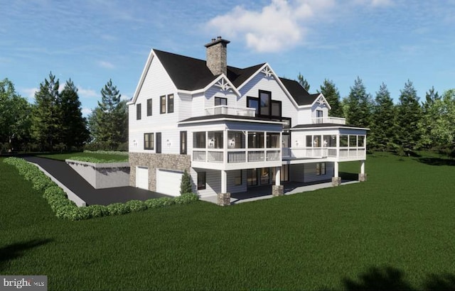 3 Carrs Bridge Rd, Lake Anna, Bumpass, VA 23024 - back of property with a sunroom, a garage, a patio, a lawn, and a chimney