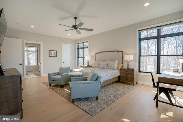 3 Carrs Bridge Rd, Lake Anna, Bumpass, VA 23024 - bedroom featuring light wood finished floors, baseboards, recessed lighting, ceiling fan, and ensuite bathroom