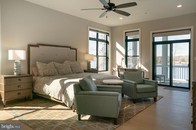 3 Carrs Bridge Rd, Lake Anna, Bumpass, VA 23024 - bedroom with access to outside, dark wood-style floors, recessed lighting, and a ceiling fan