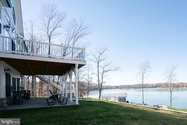 3 Carrs Bridge Rd, Lake Anna, Bumpass, VA 23024 - view of grassy yard with a deck with water view, a patio, and stairway