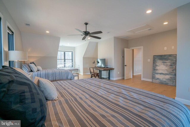 3 Carrs Bridge Rd, Lake Anna, Bumpass, VA 23024 - bedroom featuring attic access, light wood-style flooring, recessed lighting, baseboards, and a ceiling fan