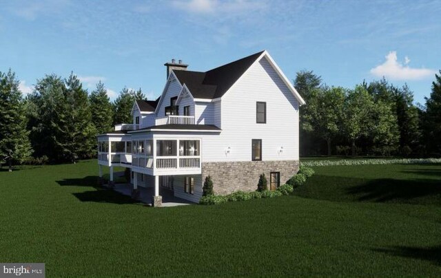 3 Carrs Bridge Rd, Lake Anna, Bumpass, VA 23024 - back of house featuring a lawn, a chimney, stone siding, and a sunroom