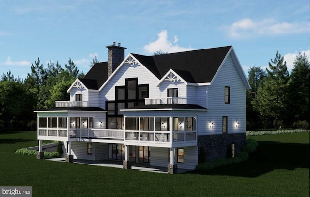 3 Carrs Bridge Rd, Lake Anna, Bumpass, VA 23024 - rear view of house with a balcony, a chimney, a lawn, a patio area, and stone siding