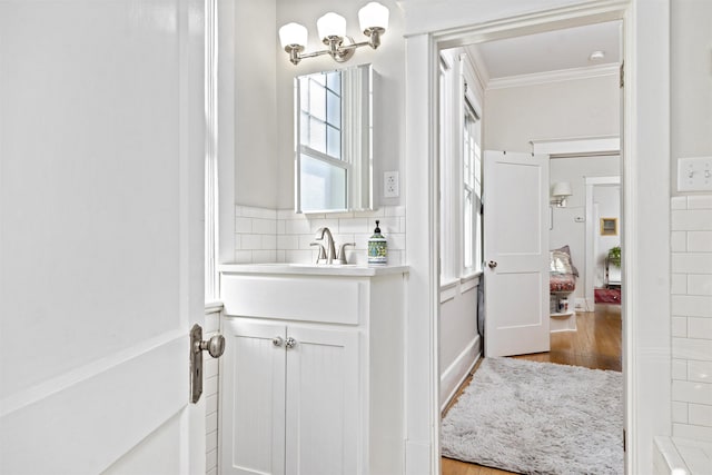 1311 N Augusta St Unit 6, Staunton, VA 24401 - bathroom with crown molding, vanity, wood finished floors, and backsplash