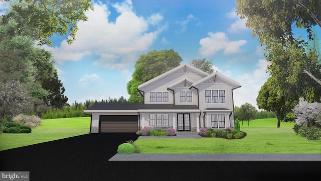  - view of front facade featuring a garage, a front yard, board and batten siding, and driveway