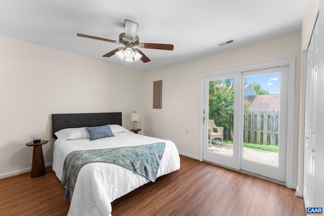 941 Warwick Ct, Charlottesville, VA 22901 - bedroom featuring access to outside, wood finished floors, and a ceiling fan