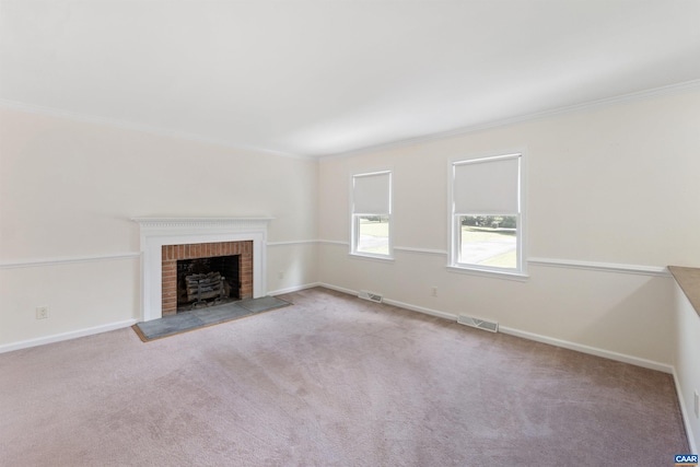 2612 Lawrence Rd, Charlottesville, VA 22901 - unfurnished living room featuring crown molding, a fireplace, and carpet flooring