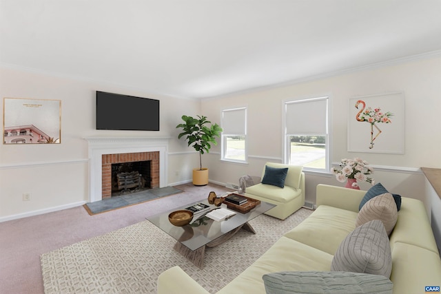 2612 Lawrence Rd, Charlottesville, VA 22901 - carpeted living room featuring ornamental molding and a brick fireplace