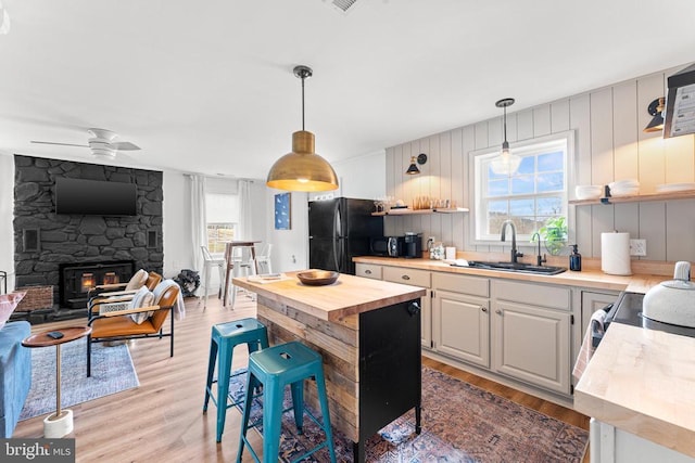 1195 Quaker Run Rd, Madison, VA 22727 - kitchen featuring freestanding refrigerator, wooden counters, a sink, and light wood-style flooring