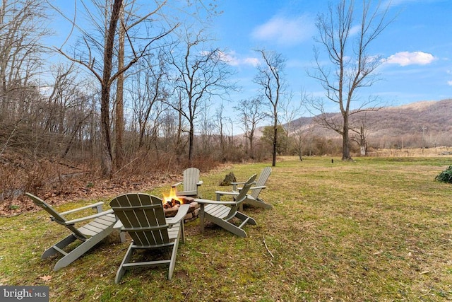 1195 Quaker Run Rd, Madison, VA 22727 - view of grassy yard with an outdoor fire pit and a mountain view