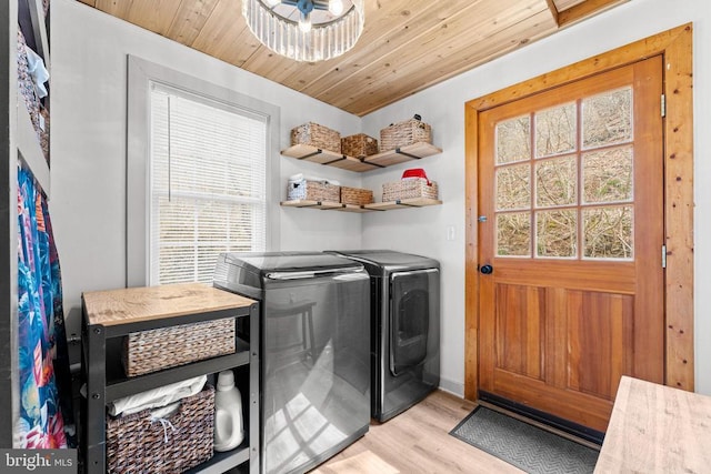 1195 Quaker Run Rd, Madison, VA 22727 - laundry room with light wood finished floors, washer and dryer, baseboards, and wooden ceiling