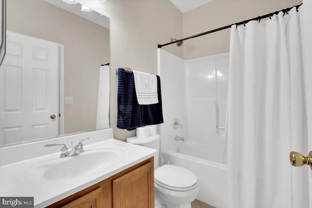 bathroom with toilet, shower / bathtub combination with curtain, and vanity