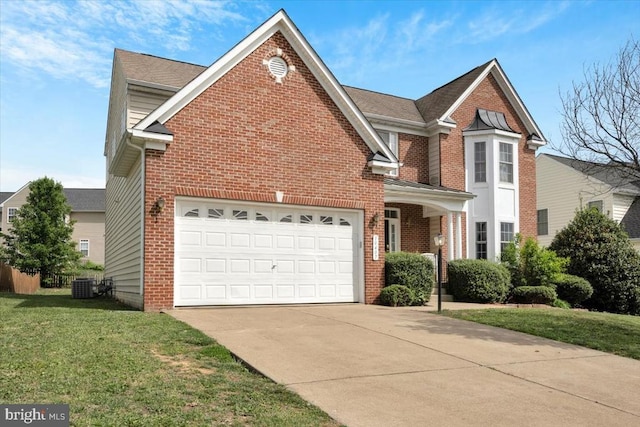 traditional-style house with brick siding, driveway, central AC unit, and a front yard