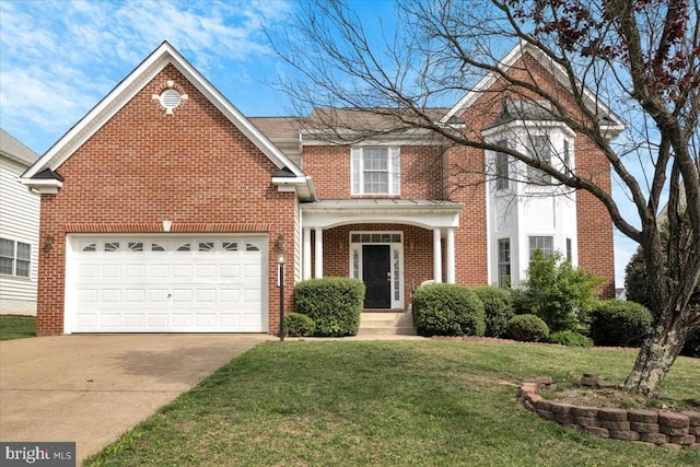 traditional-style home with brick siding, a garage, a front lawn, and driveway
