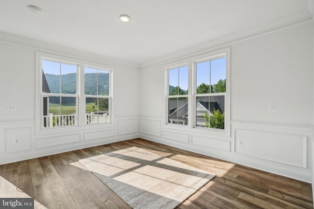 unfurnished room with ornamental molding, wood finished floors, recessed lighting, wainscoting, and a mountain view