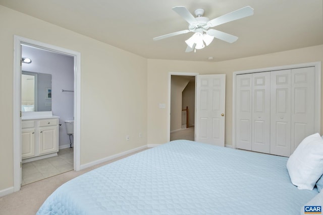 100 Melbourne Prk Cir Unit B, Charlottesville, VA 22901 - bedroom with light colored carpet, a closet, a ceiling fan, and ensuite bathroom
