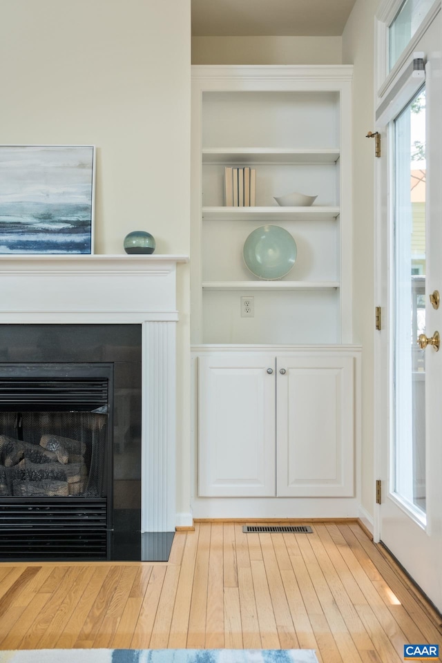100 Melbourne Prk Cir Unit B, Charlottesville, VA 22901 - detailed view of wood finished floors, built in shelves, and a fireplace with flush hearth