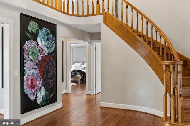 325 Oneals Rd, Madison, VA 22727 - stairs with baseboards, wood finished floors, and a high ceiling