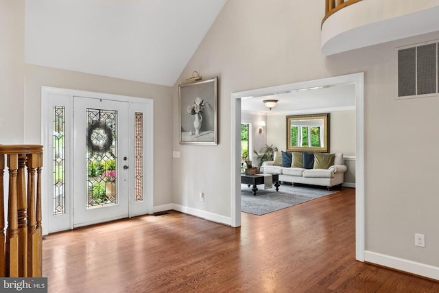 325 Oneals Rd, Madison, VA 22727 - entrance foyer featuring high vaulted ceiling, wood finished floors, and baseboards