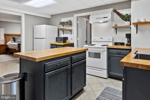 325 Oneals Rd, Madison, VA 22727 - kitchen with wood counters, open shelves, and white appliances