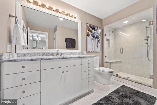 325 Oneals Rd, Madison, VA 22727 - bathroom featuring toilet, a shower stall, vanity, a ceiling fan, and marble look tile flooring