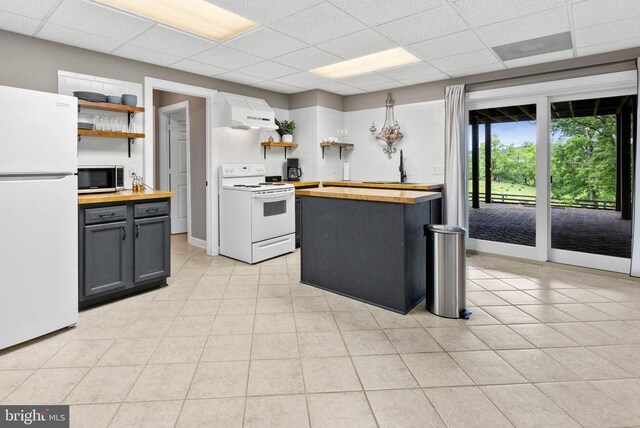 325 Oneals Rd, Madison, VA 22727 - kitchen with white appliances, wooden counters, open shelves, a paneled ceiling, and exhaust hood