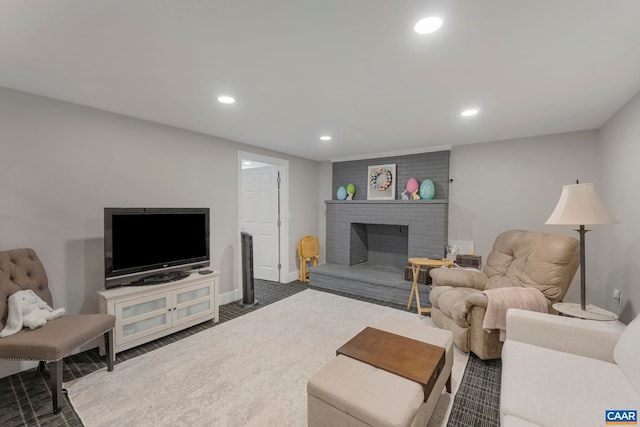 330 Carrsbrook Dr, Charlottesville, VA 22901 - living area featuring recessed lighting, baseboards, a brick fireplace, and carpet flooring