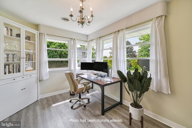 102 Washington St E, Remington, VA 22734 - office area featuring baseboards, wood finished floors, and a chandelier