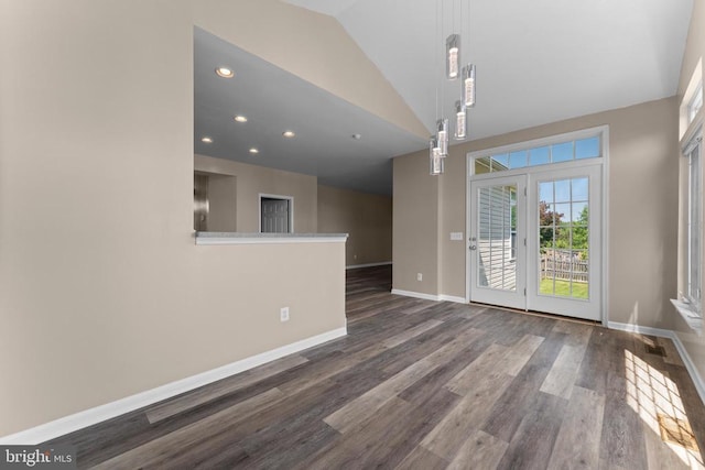 12190 Remland Ct, Remington, VA 22734 - unfurnished living room featuring lofted ceiling, dark wood-style flooring, and recessed lighting